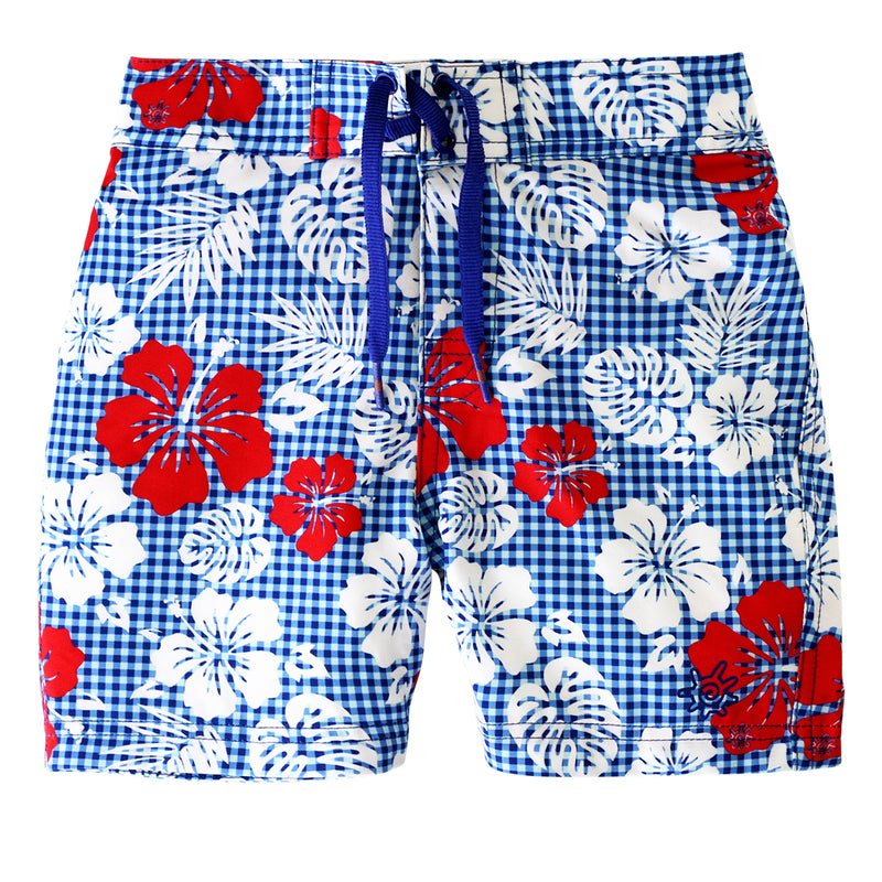 girl's board shorts in red americana gingham|red-americana-gingham