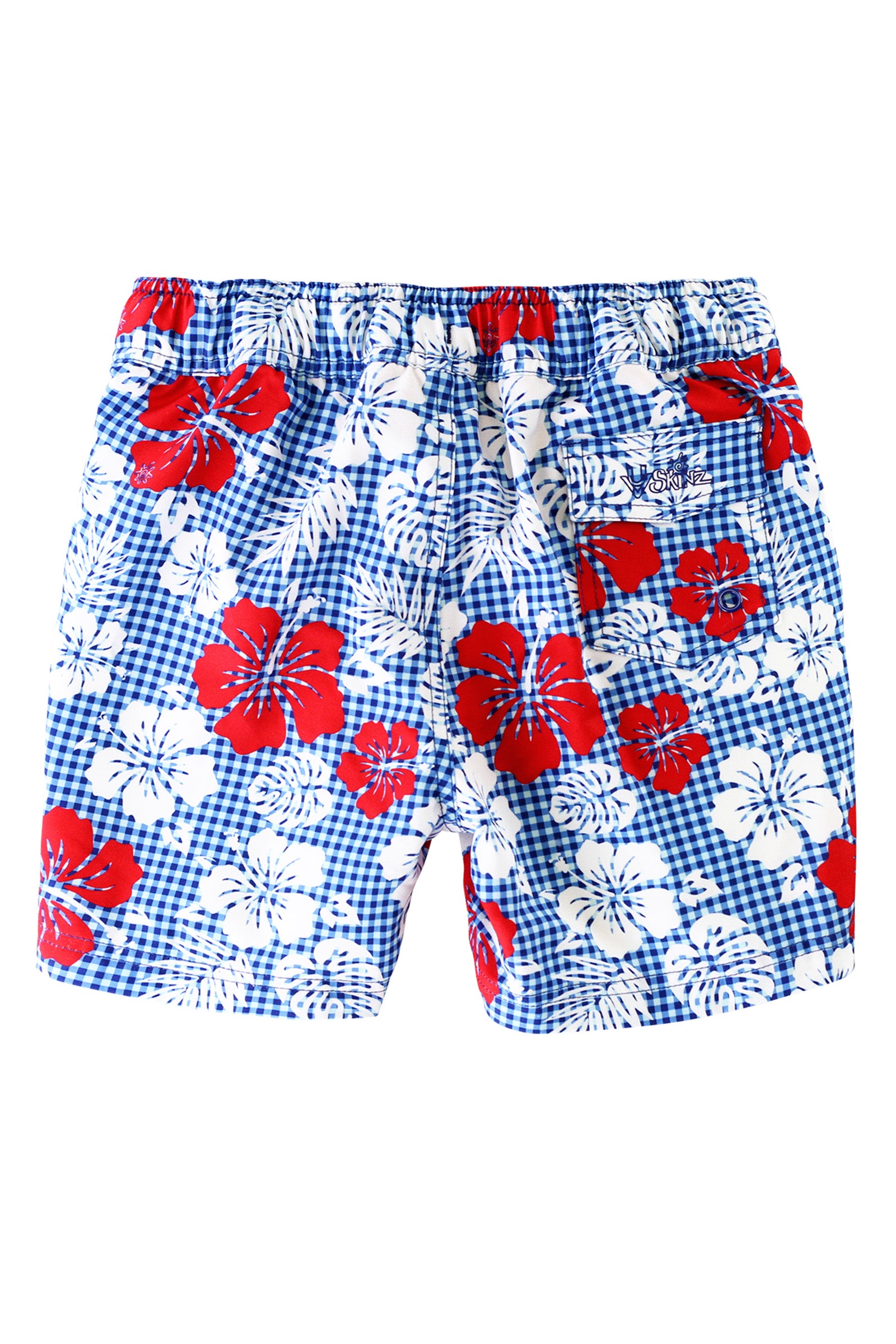 back view of the girl's board shorts in red americana gingham
