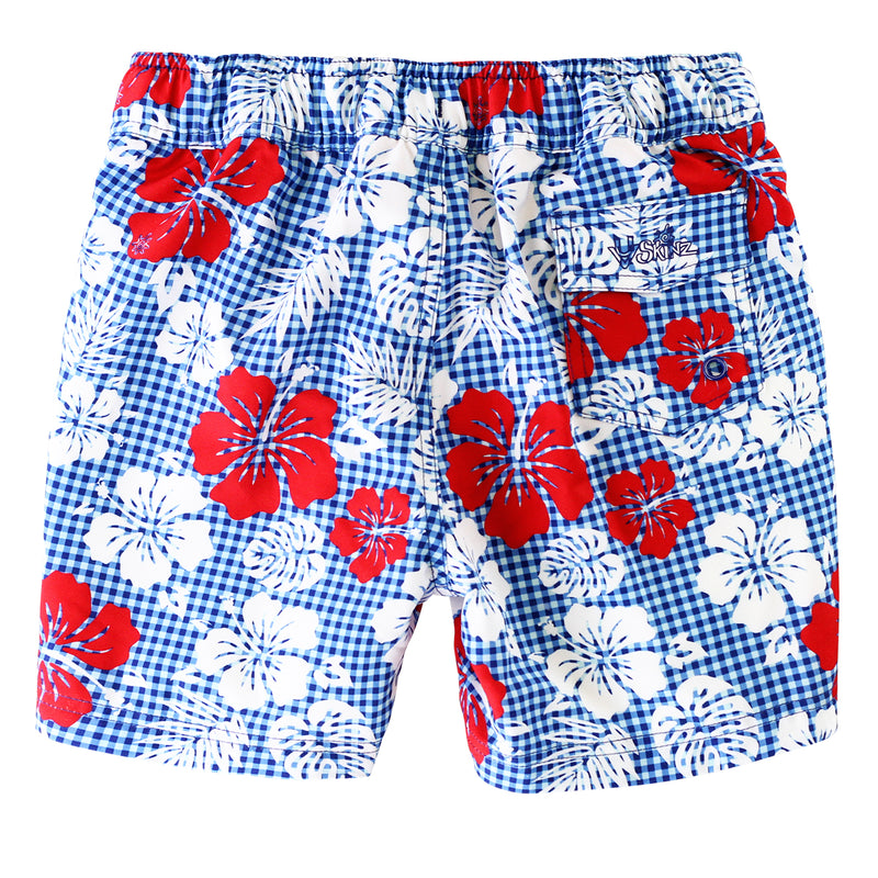 back view of the girl's board shorts in red americana gingham|red-americana-gingham