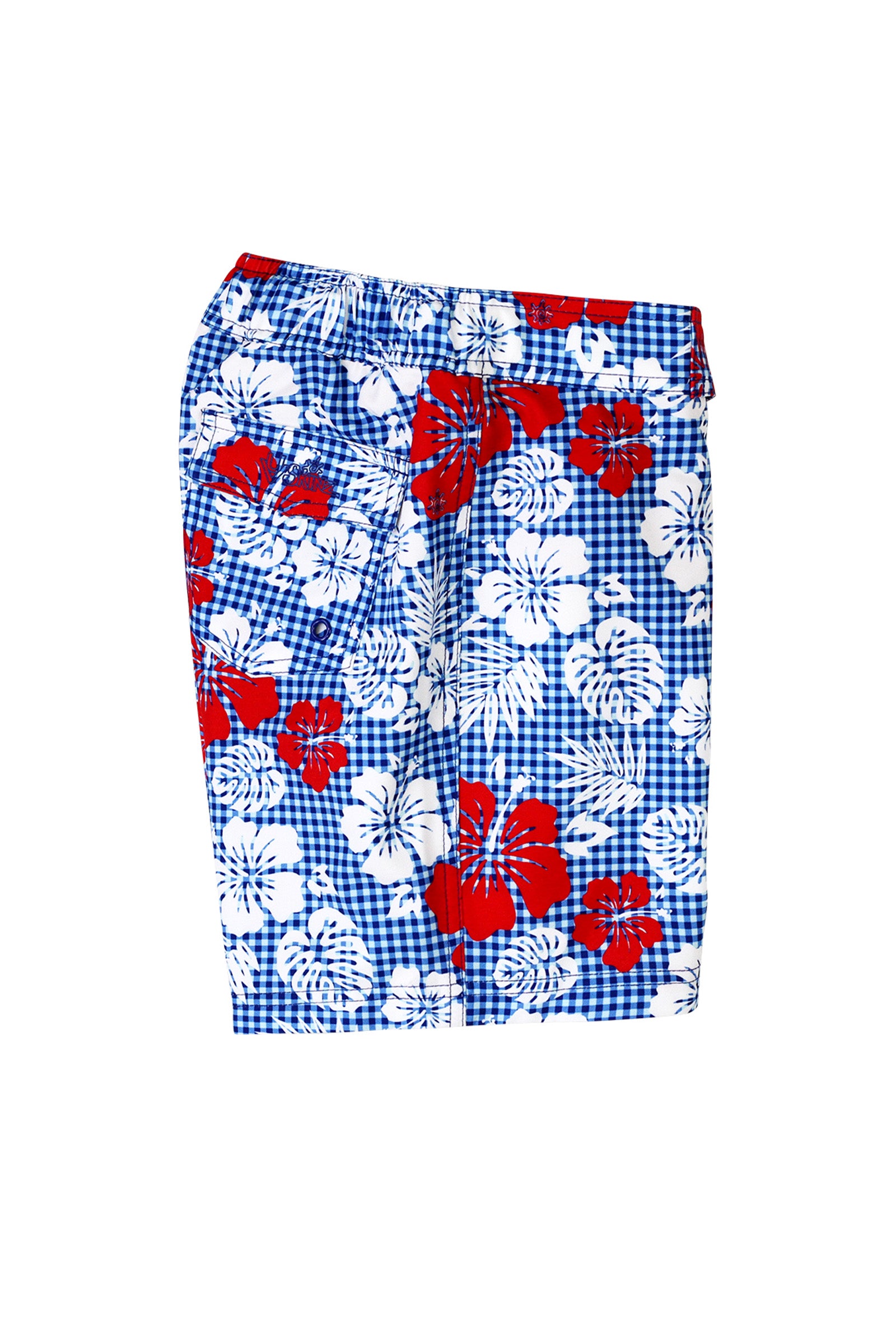 side view of the girl's board shorts in red americana gingham