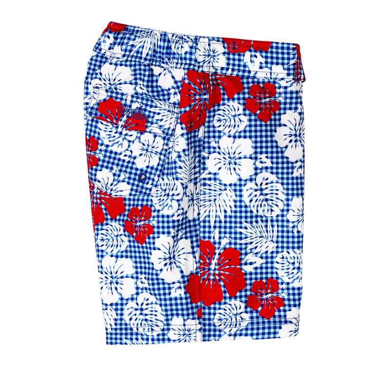 side view of the girl's board shorts in red americana gingham|red-americana-gingham