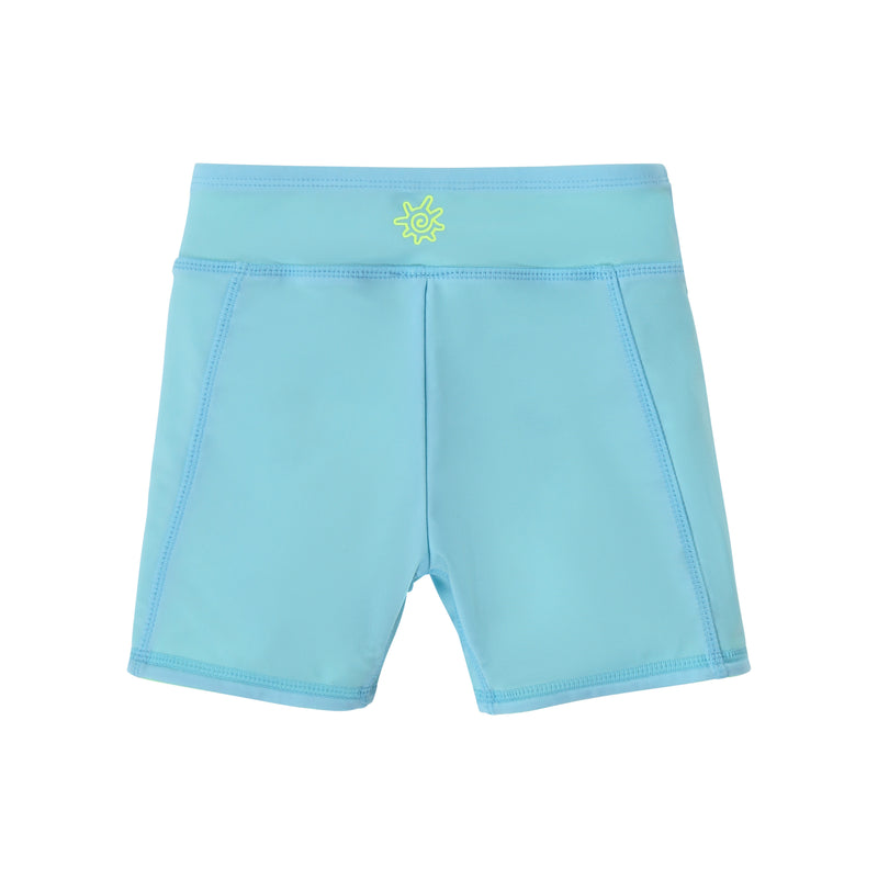 back view of girls neon reversible active swim shorts in neon sky|neon-sky-neon-green