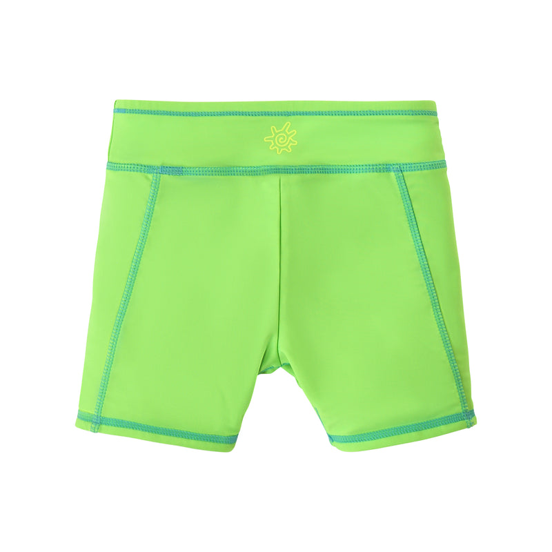 back view of girls neon reversible active swim shorts in neon green|neon-sky-neon-green