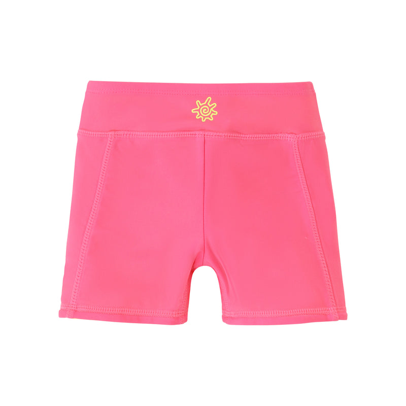 back view of girls neon reversible active swim shorts in neon sorbet|neon-sorbet-neon-yellow