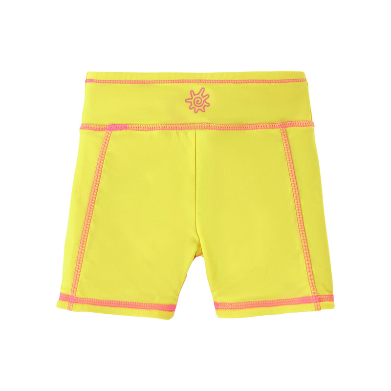back view of girls neon reversible active swim shorts in neon yellow|neon-sorbet-neon-yellow
