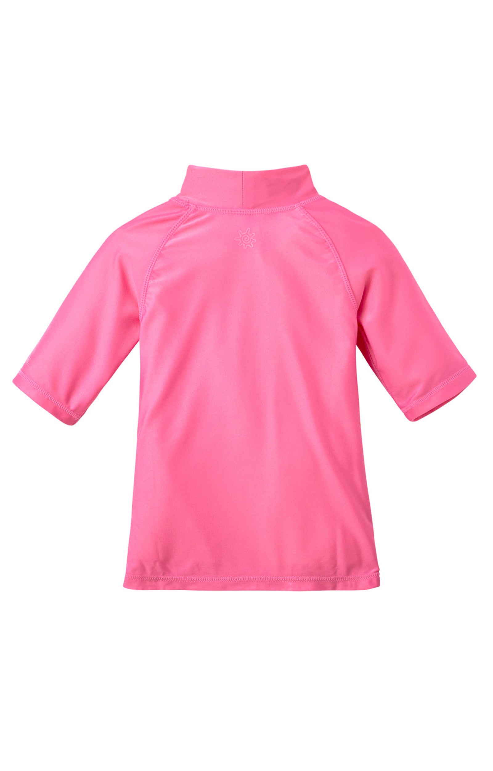 Back view of the kid's short sleeve swim shirt in bubblegum|bubblegum