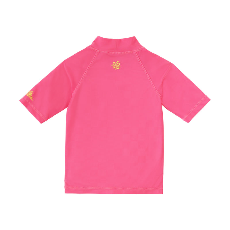 back view of kids neon magic print sun and swim shirt|neon-checkers