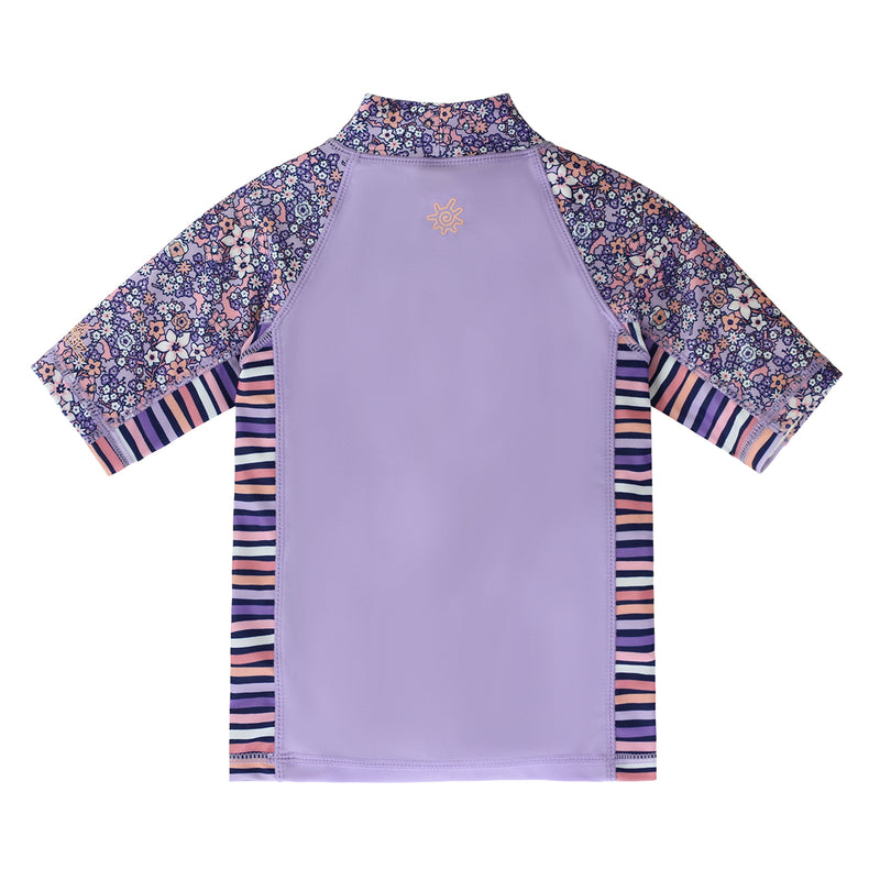 back of the girl's short sleeve sunny swim shirt in lavender fields|lavender-fields