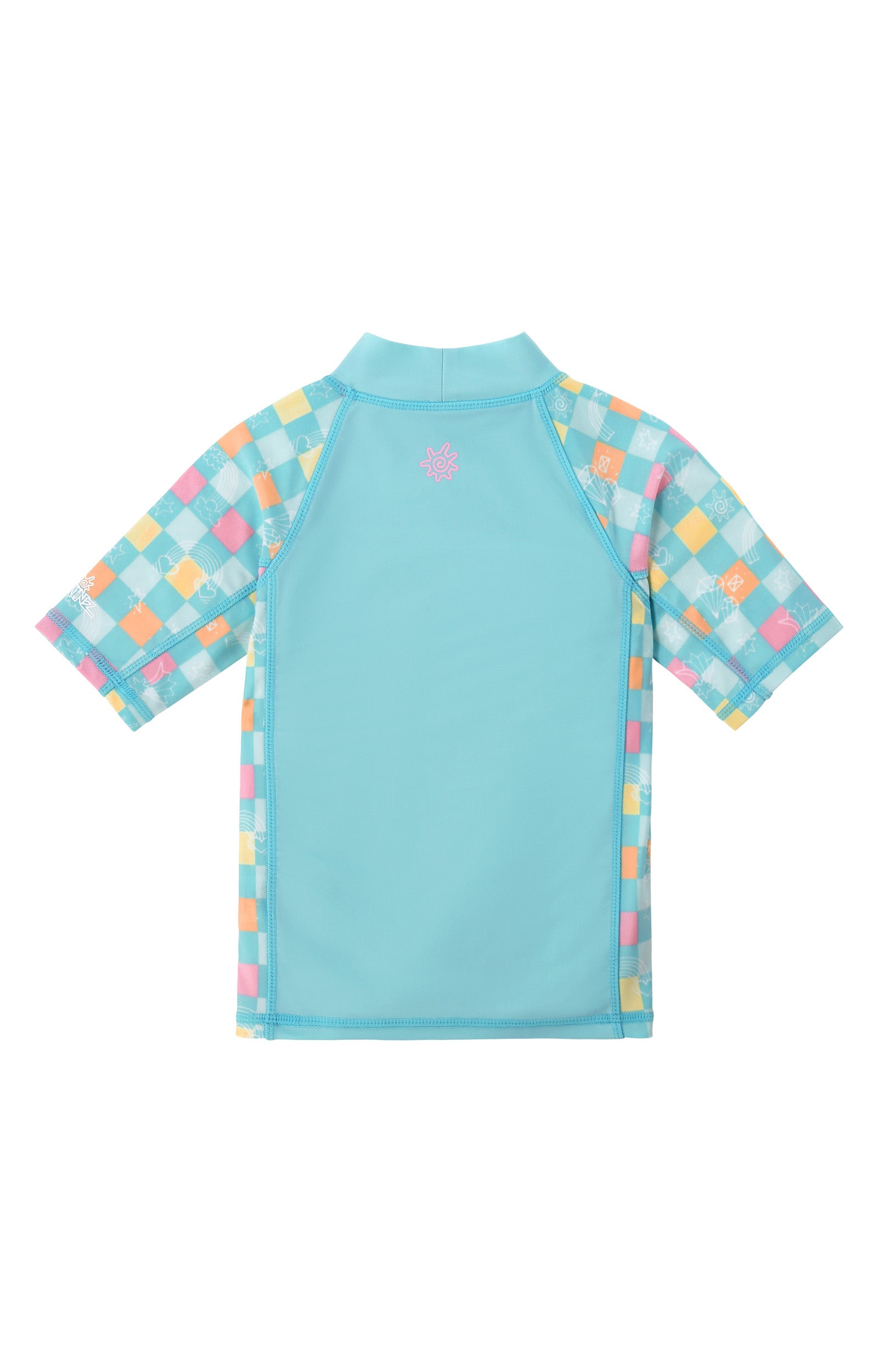 back view of girls short sleeve sunny swim shirt|treasure-checkers