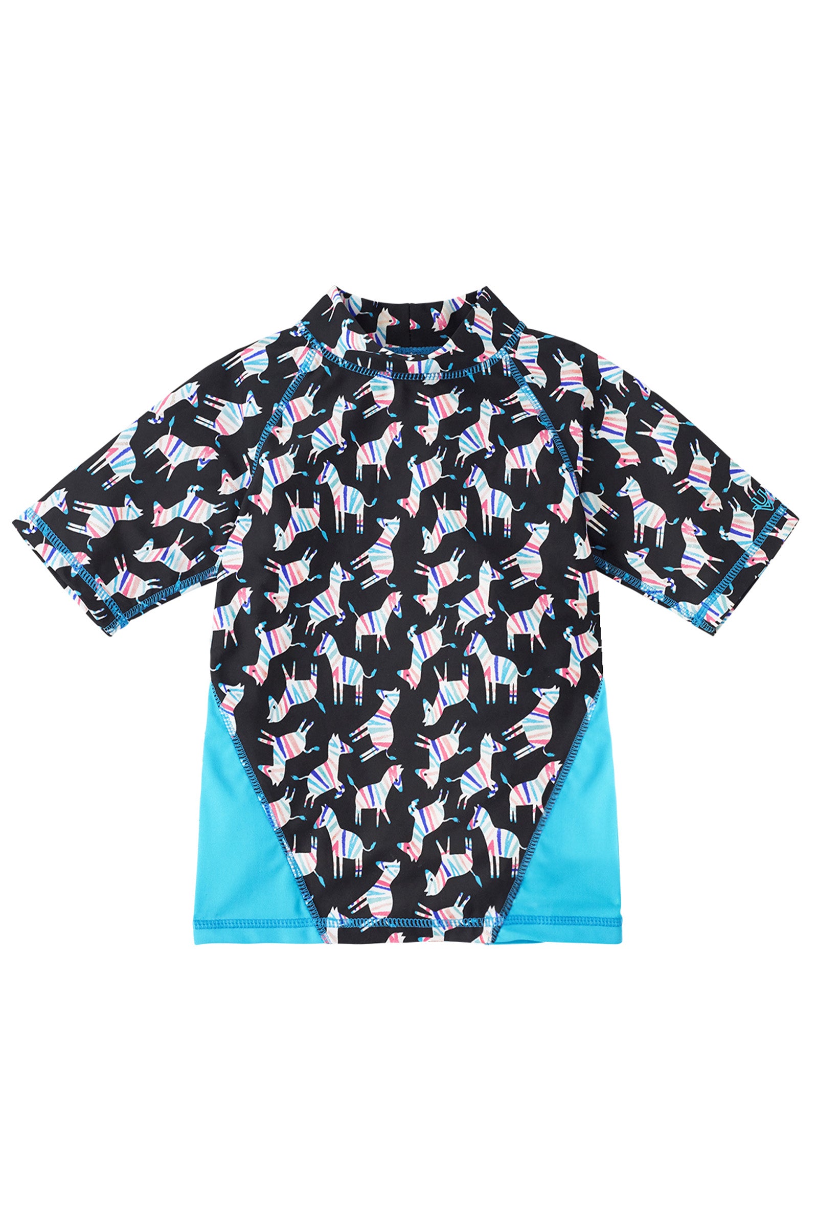 girl's short sleeve sport sun and swim shirt in black rainbow zebra
