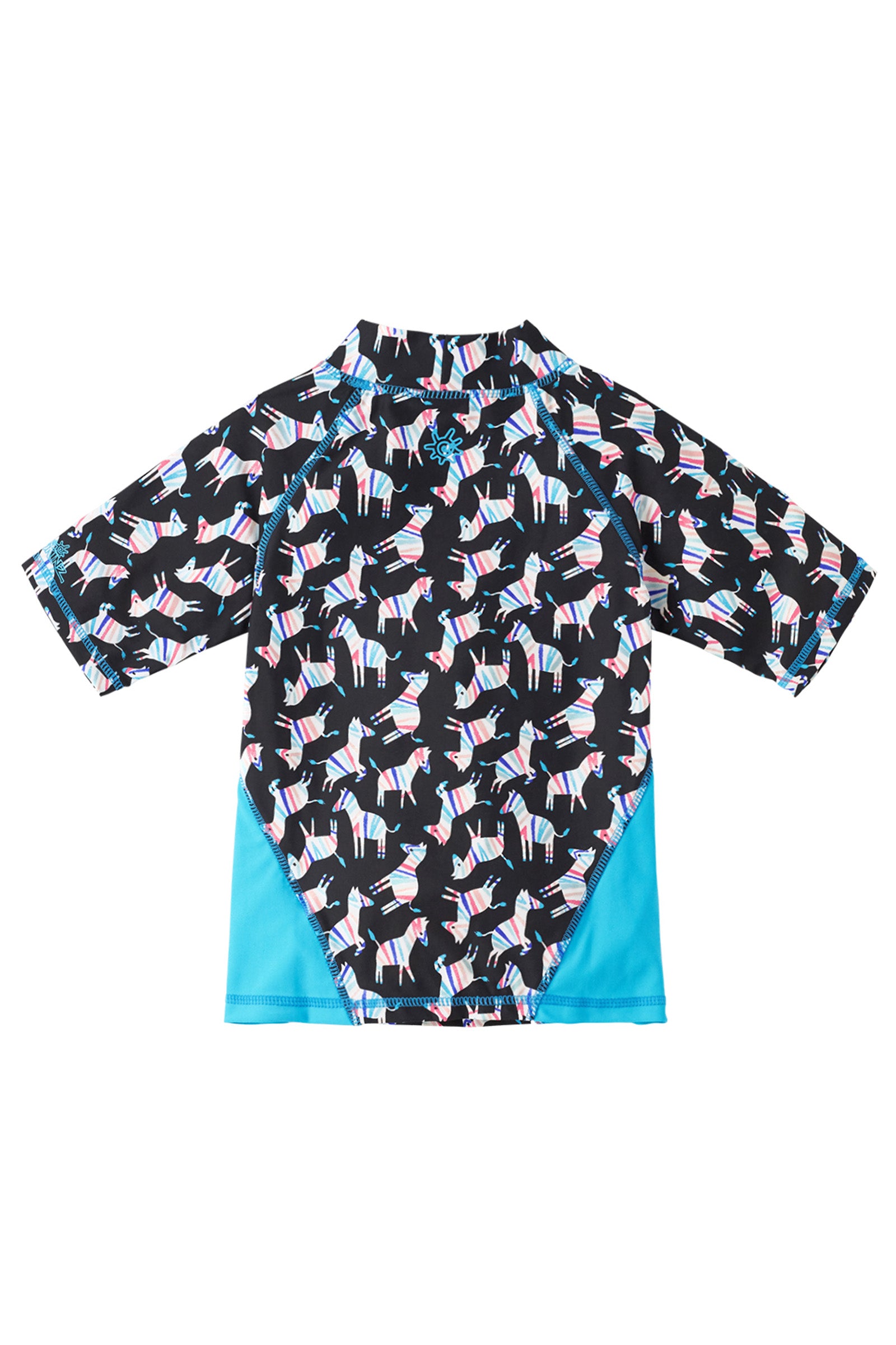 girl's short sleeve sport sun and swim shirt in black rainbow zebra