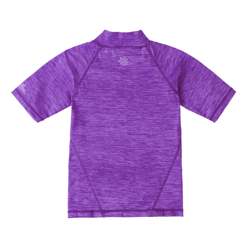 back of the girl's short sleeve sport sun and swim shirt in purple jaspe giraffes|purple-jaspe-giraffes