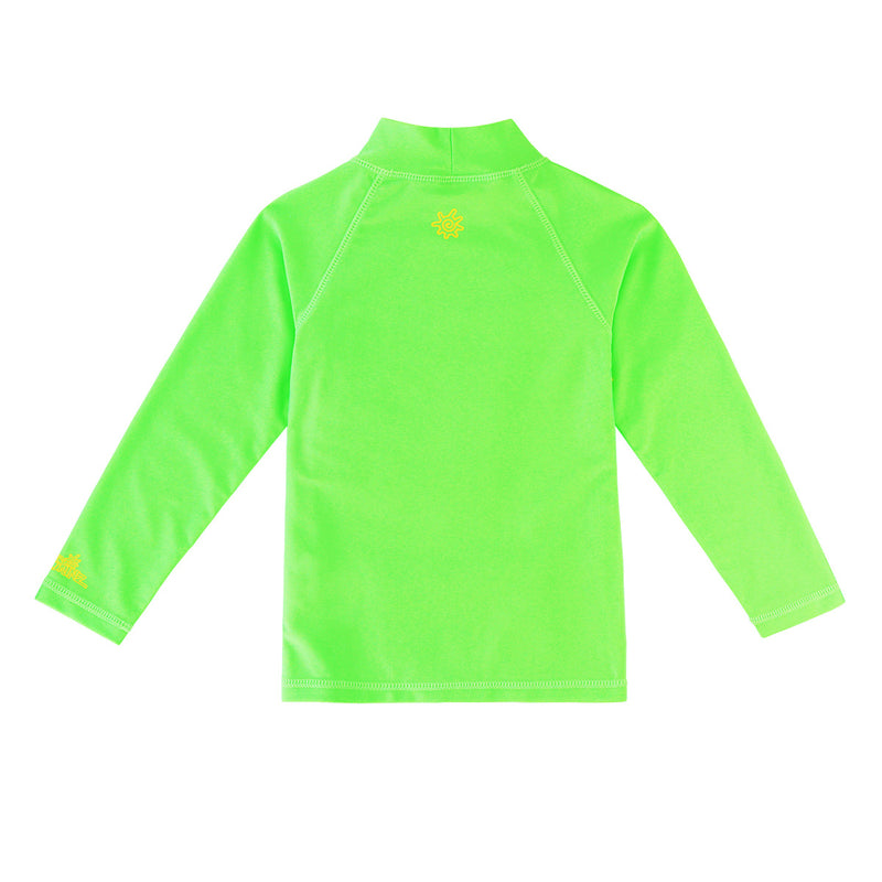 Back of the kid's neon long sleeve swim shirt in neon green|neon-green