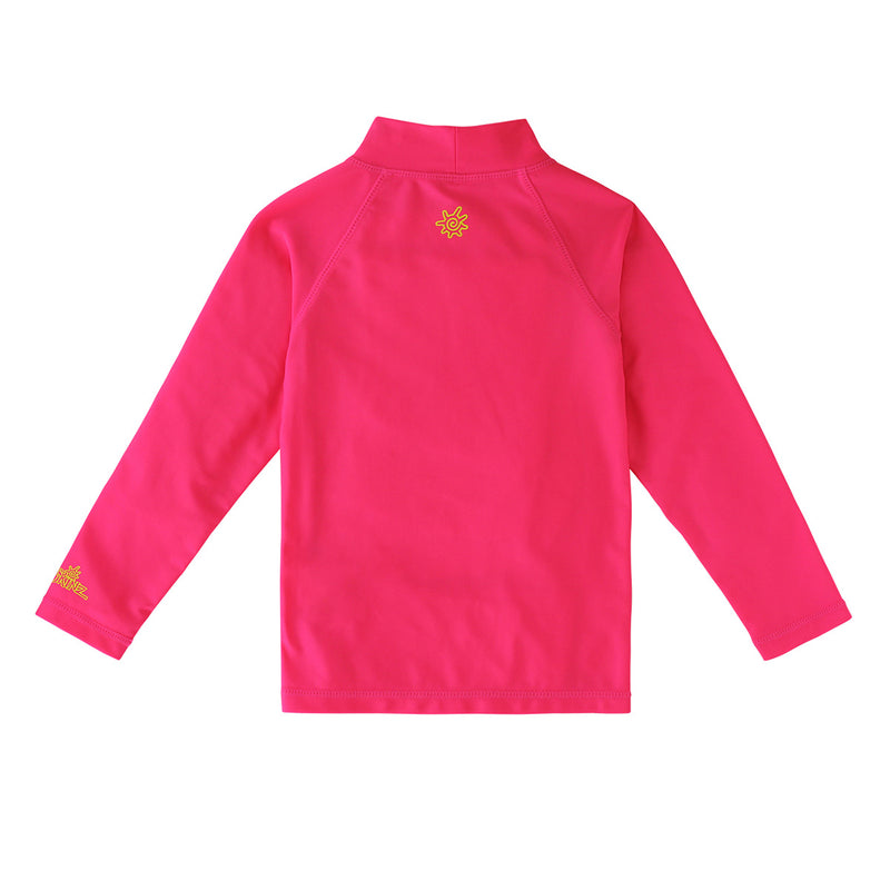Back of the kid's neon long sleeve swim shirt in neon pink|neon-pink