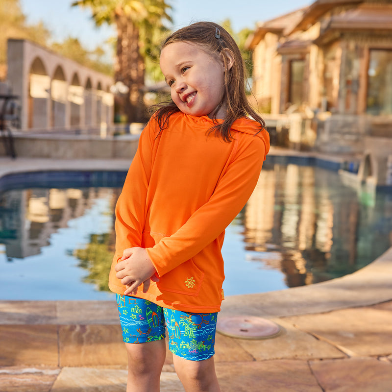 girl by pool in neon upf pullover hoodie|neon-orange