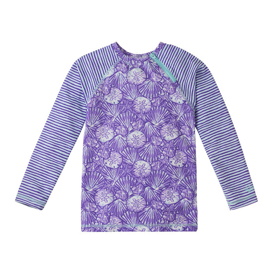 UV Skinz's girls long sleeve rash guard in dreamy shells stripe|dreamy-shells-stripes