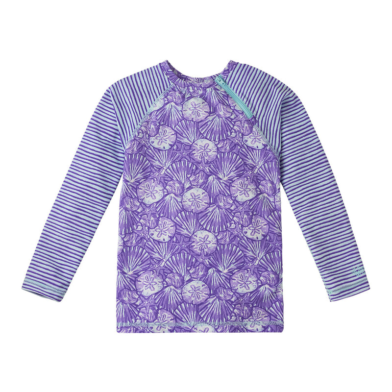 UV Skinz's girls long sleeve rash guard in dreamy shells stripe|dreamy-shells-stripes