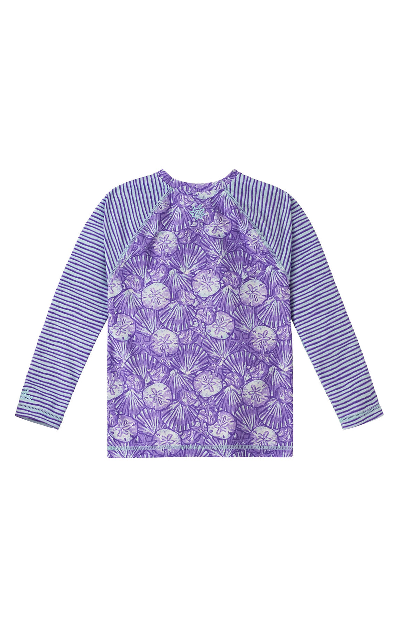 back of UV Skinz's girls long sleeve rash guard in dreamy shells stripe|dreamy-shells-stripes