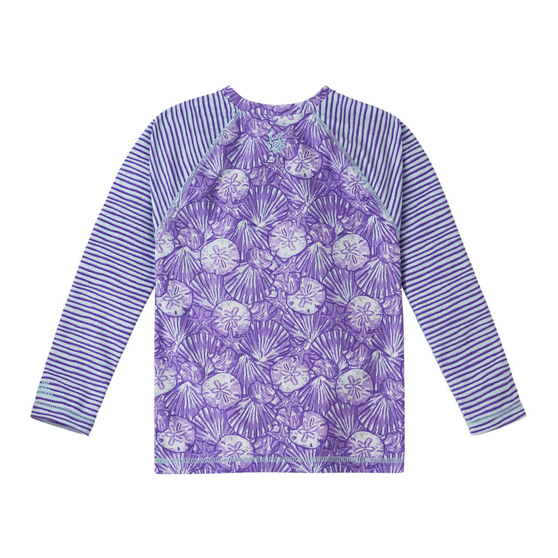 back of UV Skinz's girls long sleeve rash guard in dreamy shells stripe|dreamy-shells-stripes