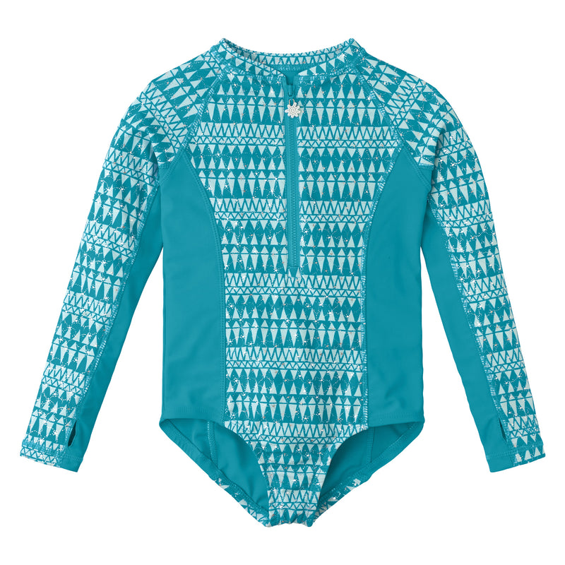 girl's long sleeve swimsuit in caribbean sparkle|caribbean-sparkle