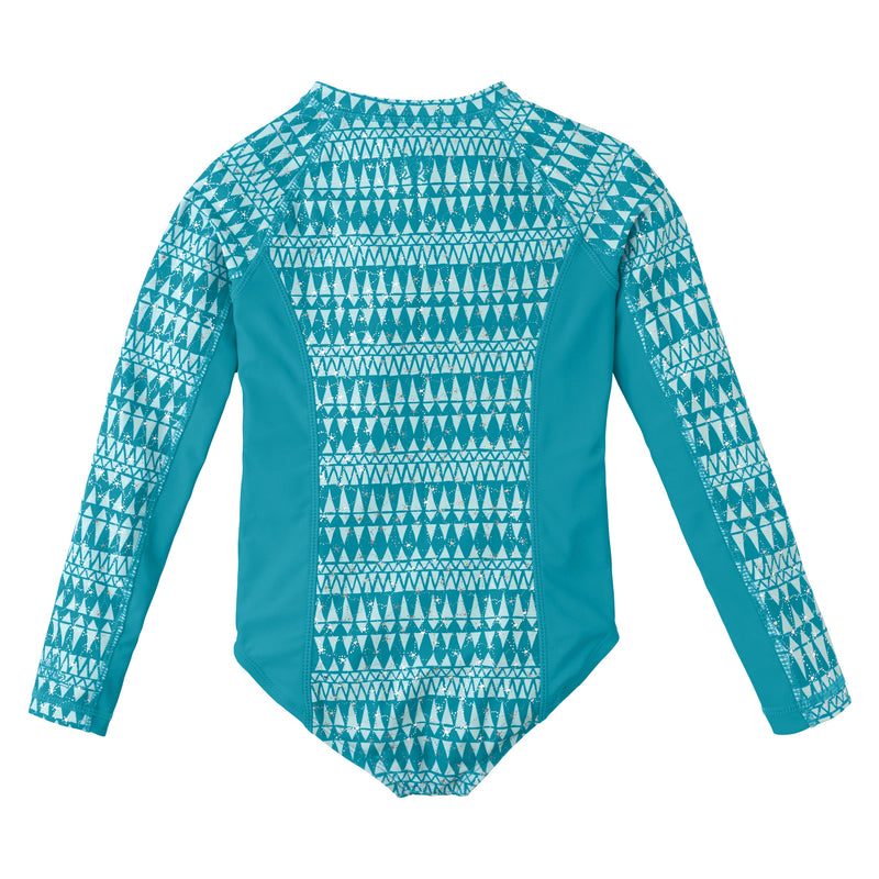 back of the girl's long sleeve swimsuit in caribbean sparkle|caribbean-sparkle