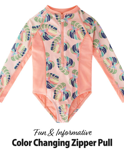 girl's long sleeve swimsuit in rainbow leaf|rainbow-leaf