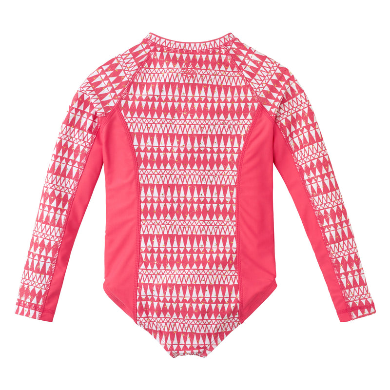 back of the girl's long sleeve swimsuit in strawberry sparkle|strawberry-sparkle
