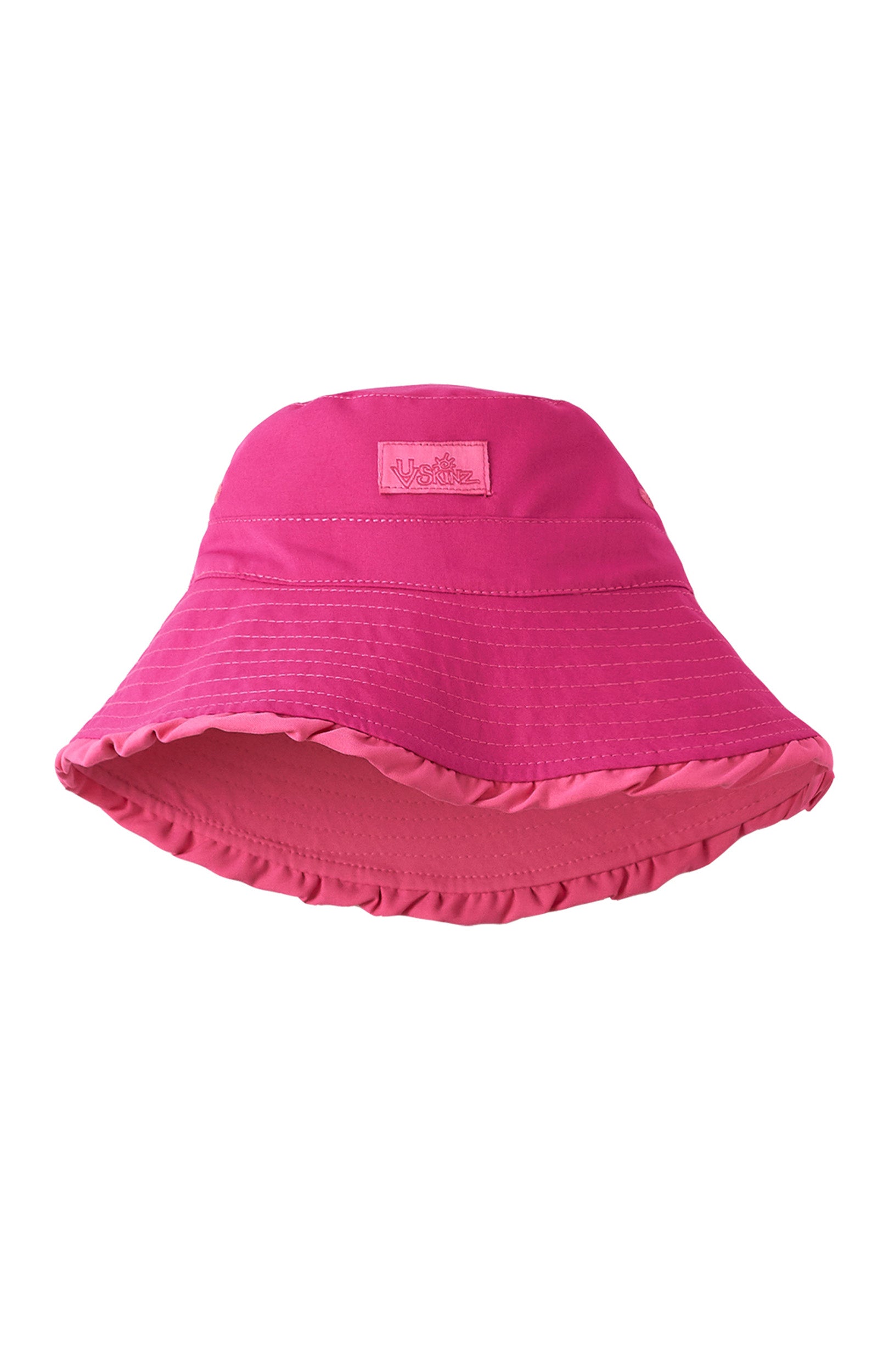 reversed view of the girls bucket hat in red bubblegum hot pink|bubblegum-hot-pink