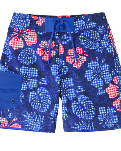 Boy's Classic Board Shorts in Dark Navy Hibiscus|dark-navy-hibiscus