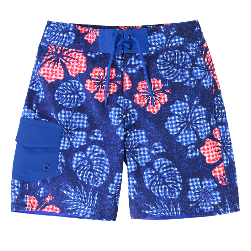 Boy's Classic Board Shorts in Dark Navy Hibiscus|dark-navy-hibiscus