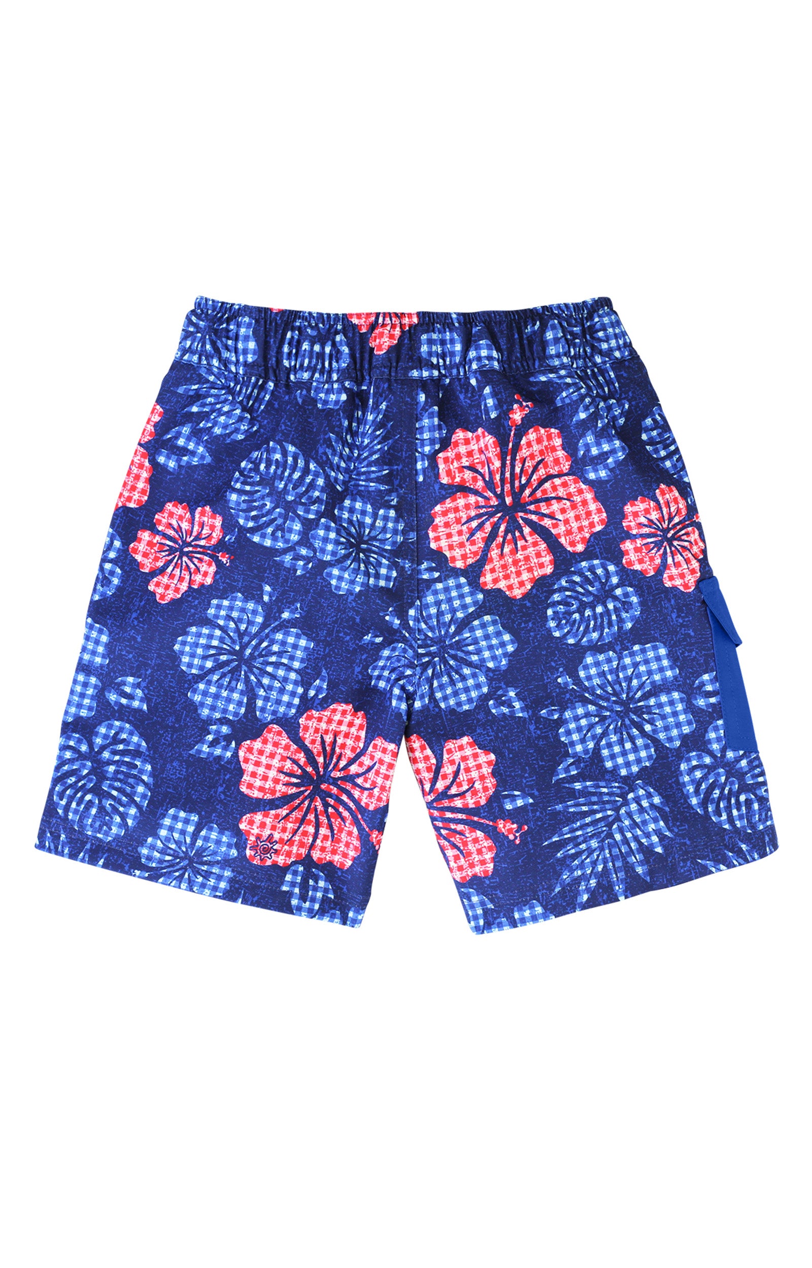 Back View of the Boy's Classic Board Shorts in Dark Navy Hibiscus|dark-navy-hibiscus
