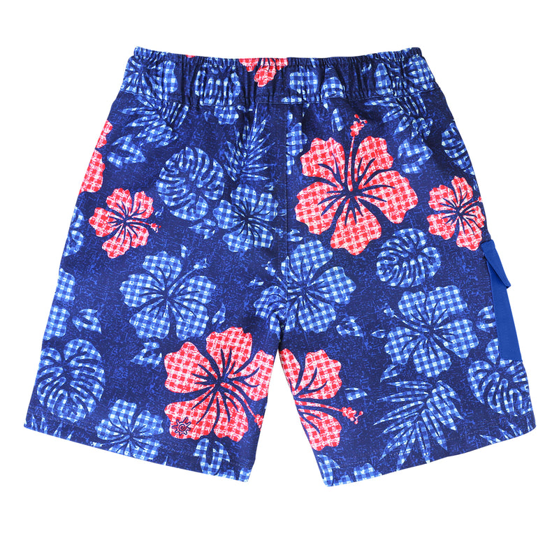 Back View of the Boy's Classic Board Shorts in Dark Navy Hibiscus|dark-navy-hibiscus