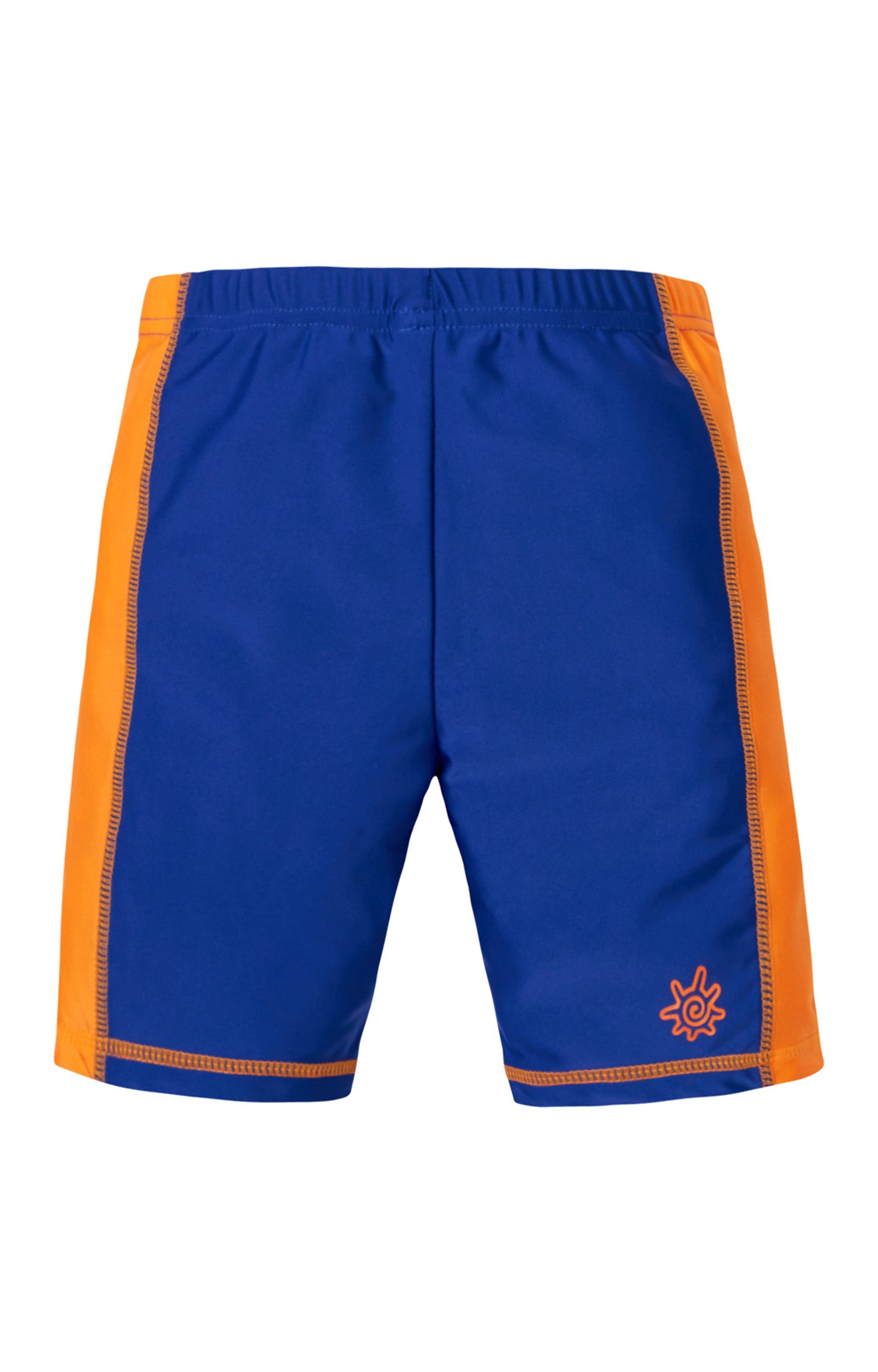 back of the boy's swim shorts in navy orange|navy-orange