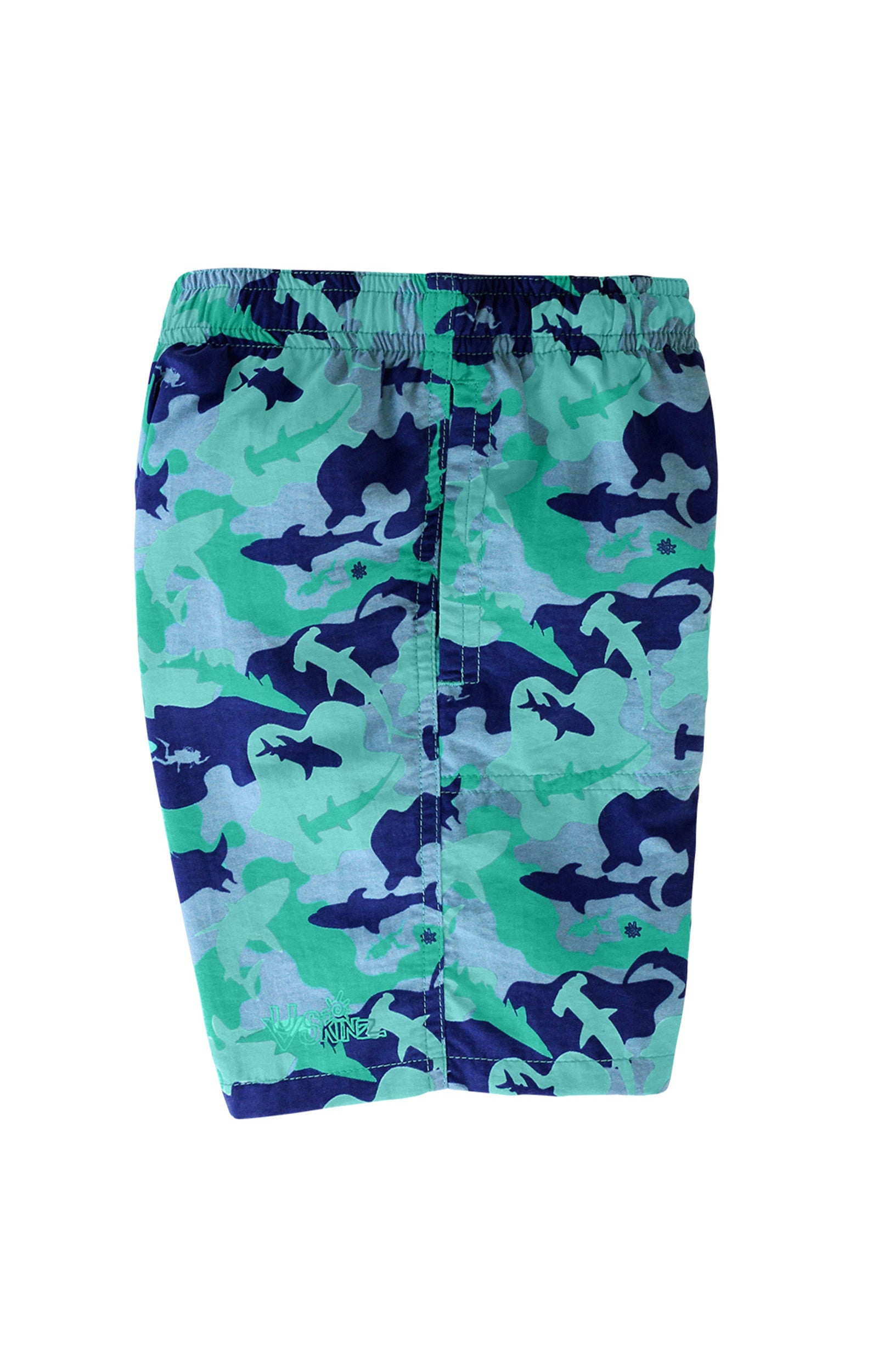 side view of the boys beach shorts in ocean camo|ocean-camo