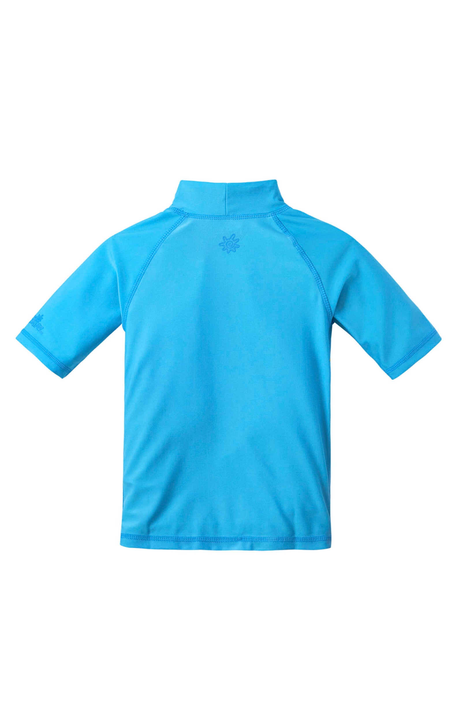 Back of the kid's short sleeve swim shirt in aqua|aqua