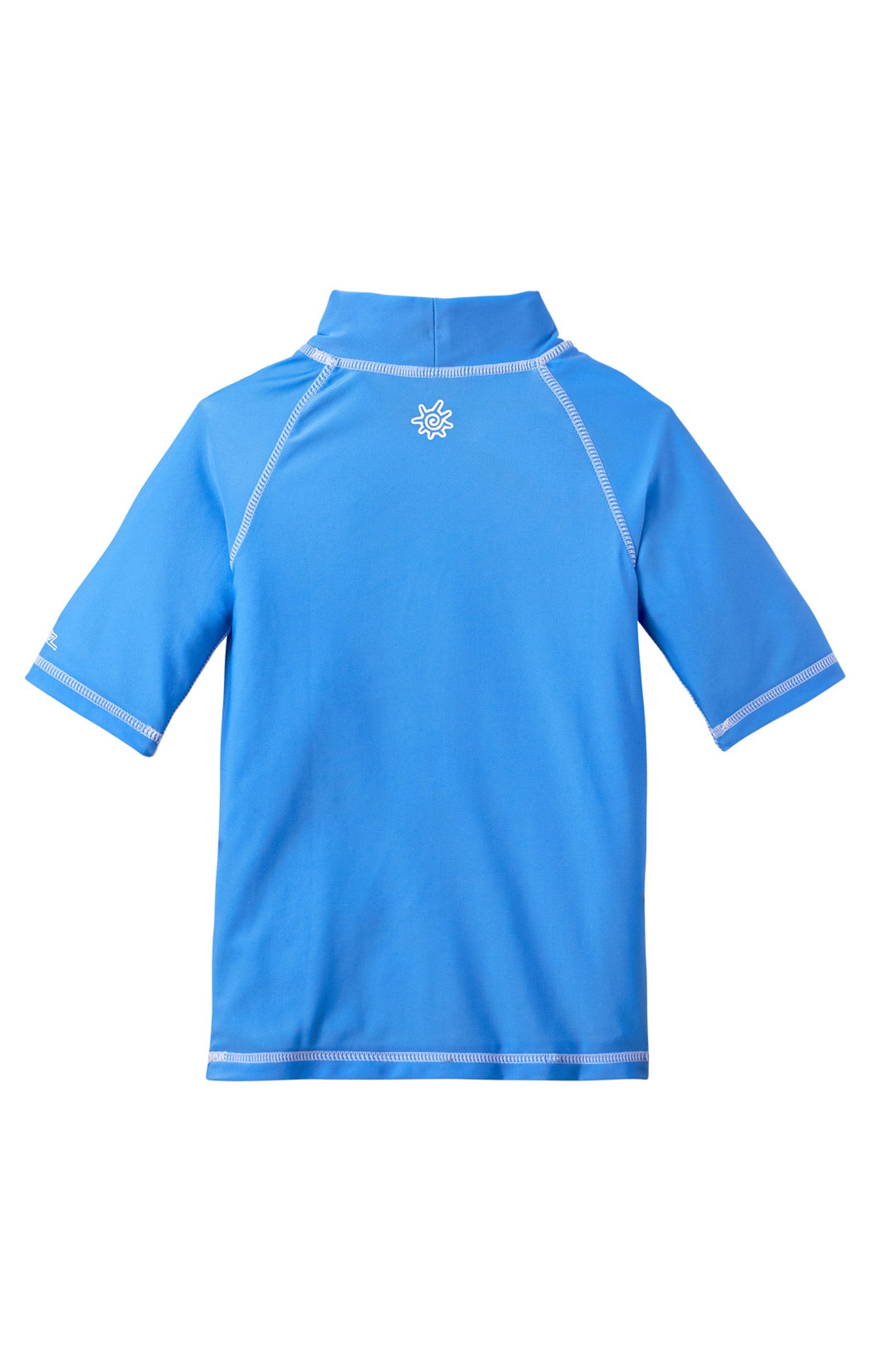 Back of the kid's short sleeve swim shirt in ocean blue|ocean-blue
