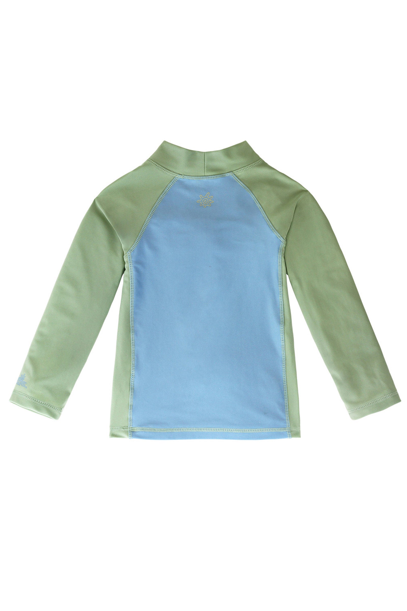 Back of the Boy's long sleeve active swim shirt in sage cool cat