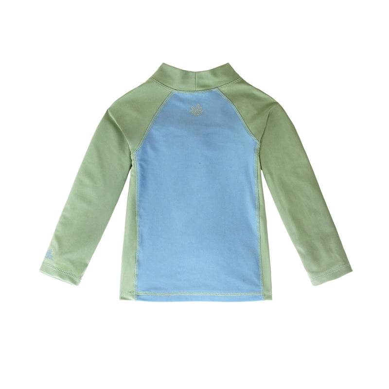 Back of the Boy's long sleeve active swim shirt in sage cool cat|sage-cool-cat