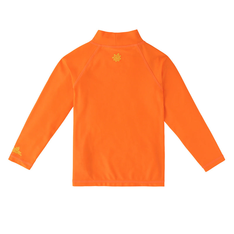 Back of the kid's neon long sleeve swim shirt in neon orange|neon-orange