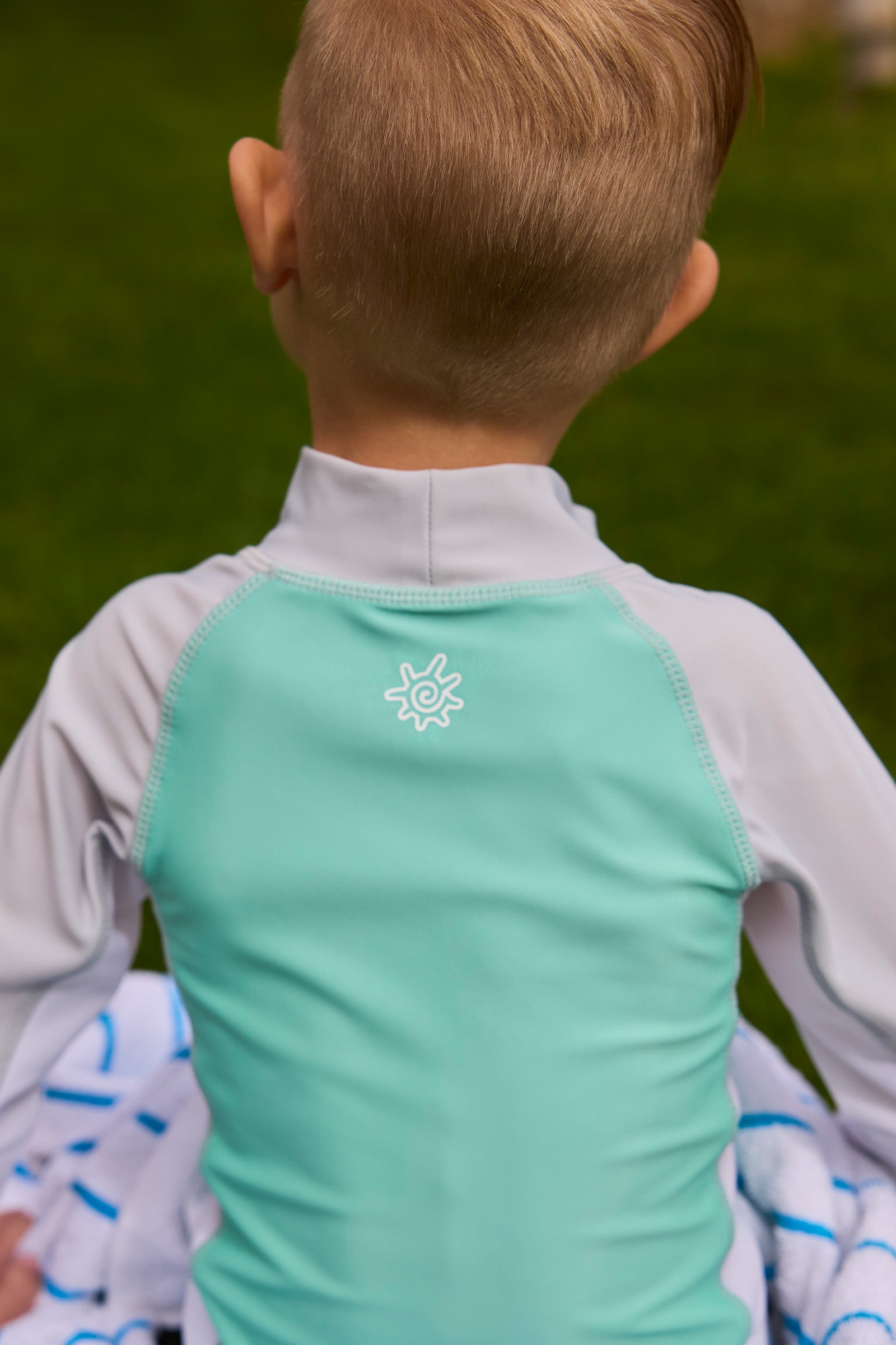 back close up of collar of boy in long sleeve sun swim shirt|vintage-sea-buddies