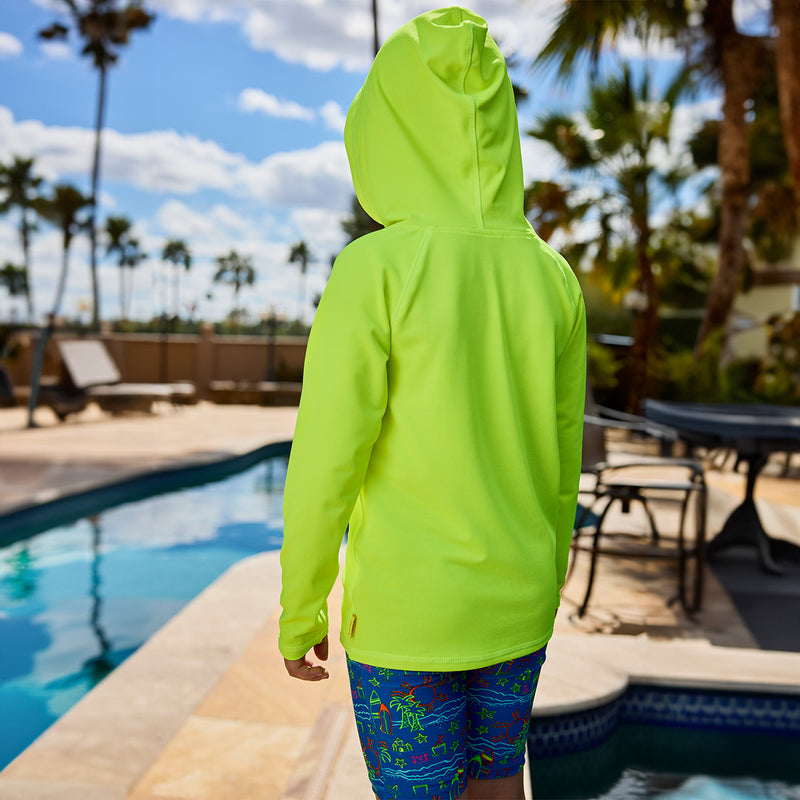 back of pullover hoodie boy walking by pool|neon-yellow