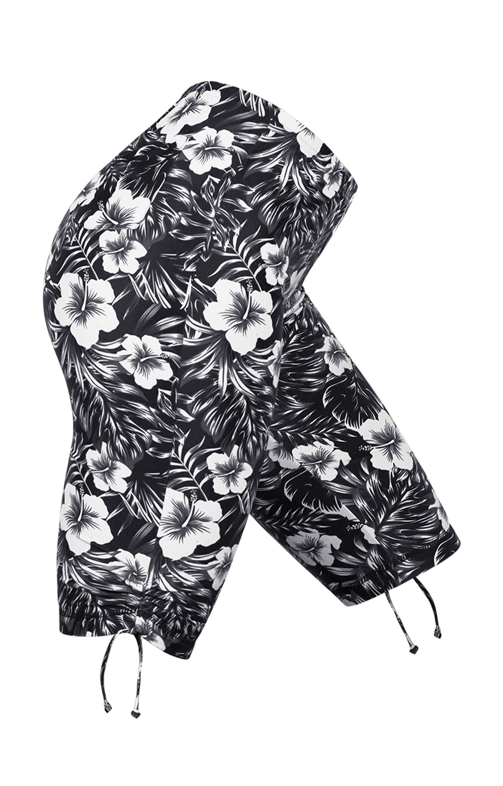 side view of the women's long swim shorts in black paradise|black-paradise