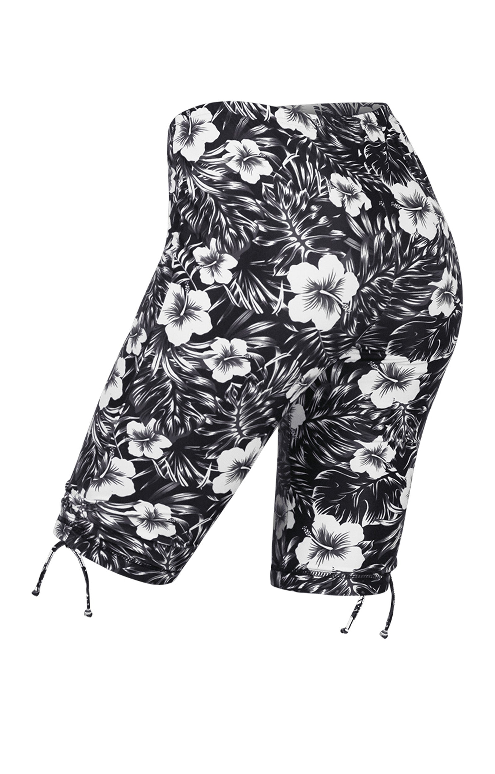 back view of the women's long swim shorts in black paradise|black-paradise