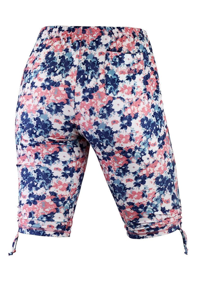 back view of the women's long swim shorts in monet garden|monet-garden