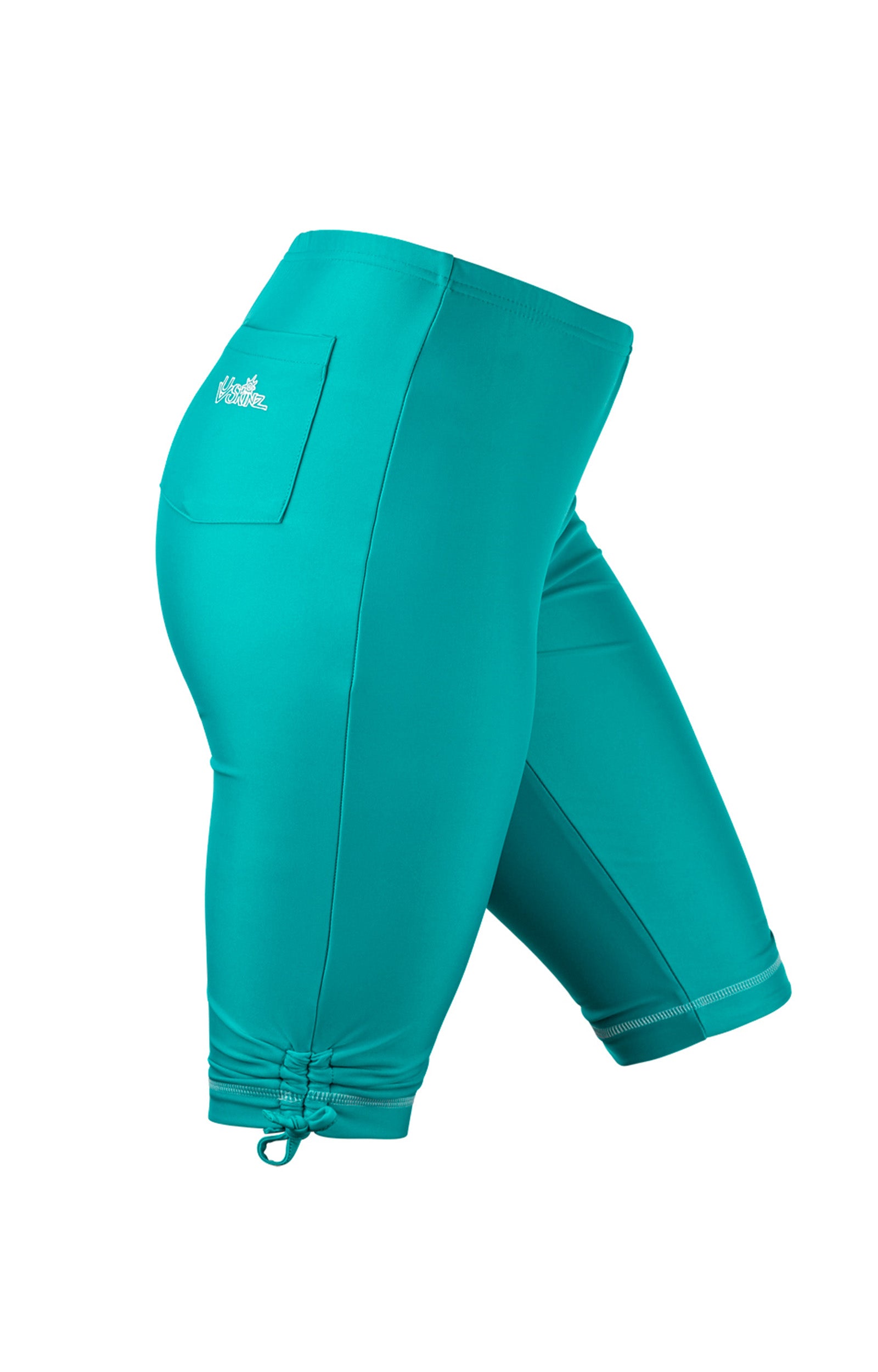 side view of the women's long swim shorts in teal|teal