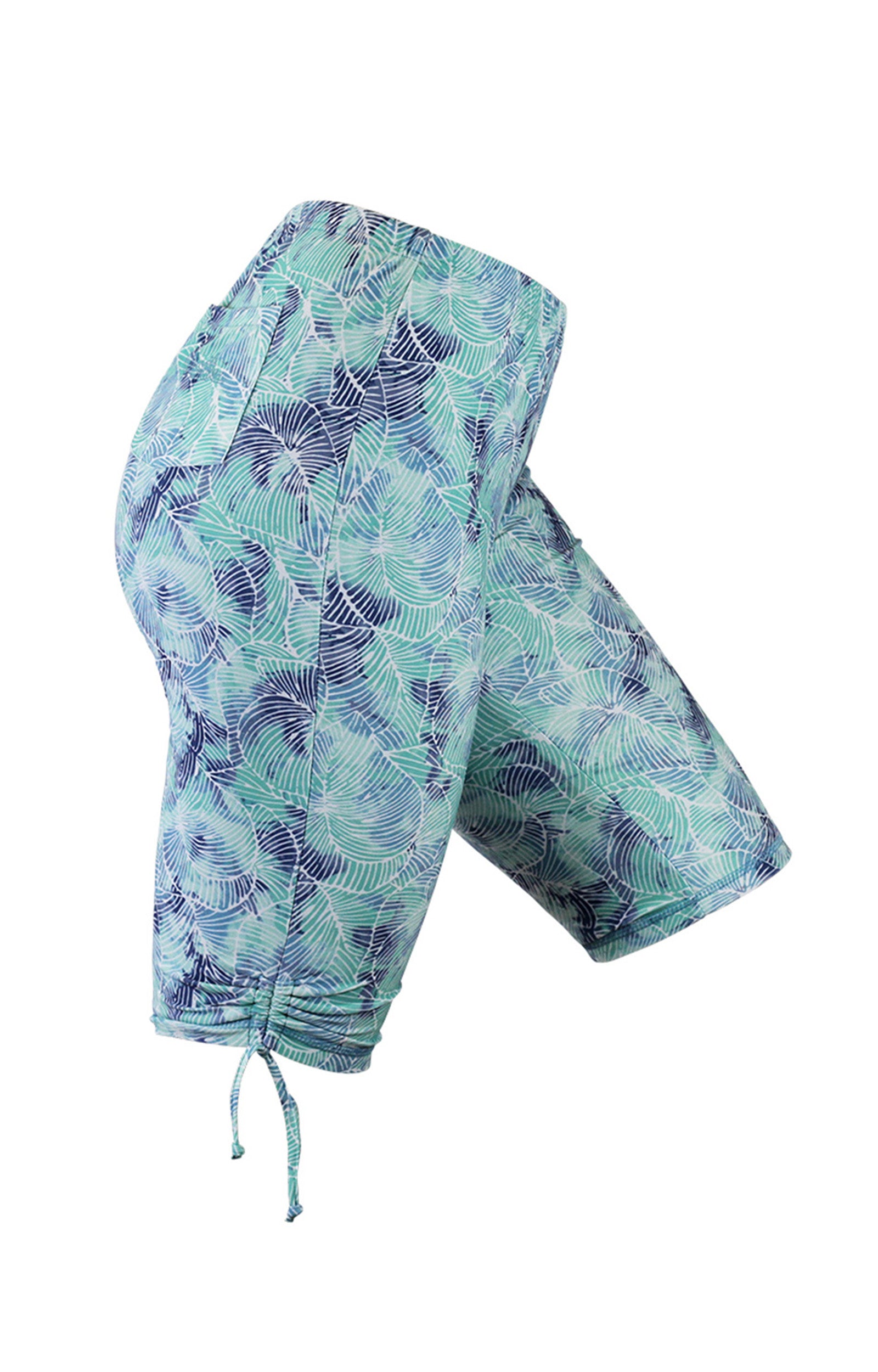 side view of the women's long swim shorts in watercolor tie dye|watercolor-tie-dye
