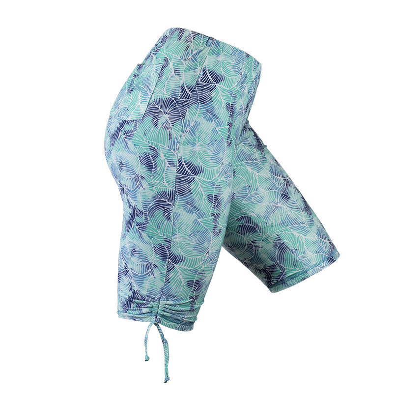 side view of the women's long swim shorts in watercolor tie dye|watercolor-tie-dye