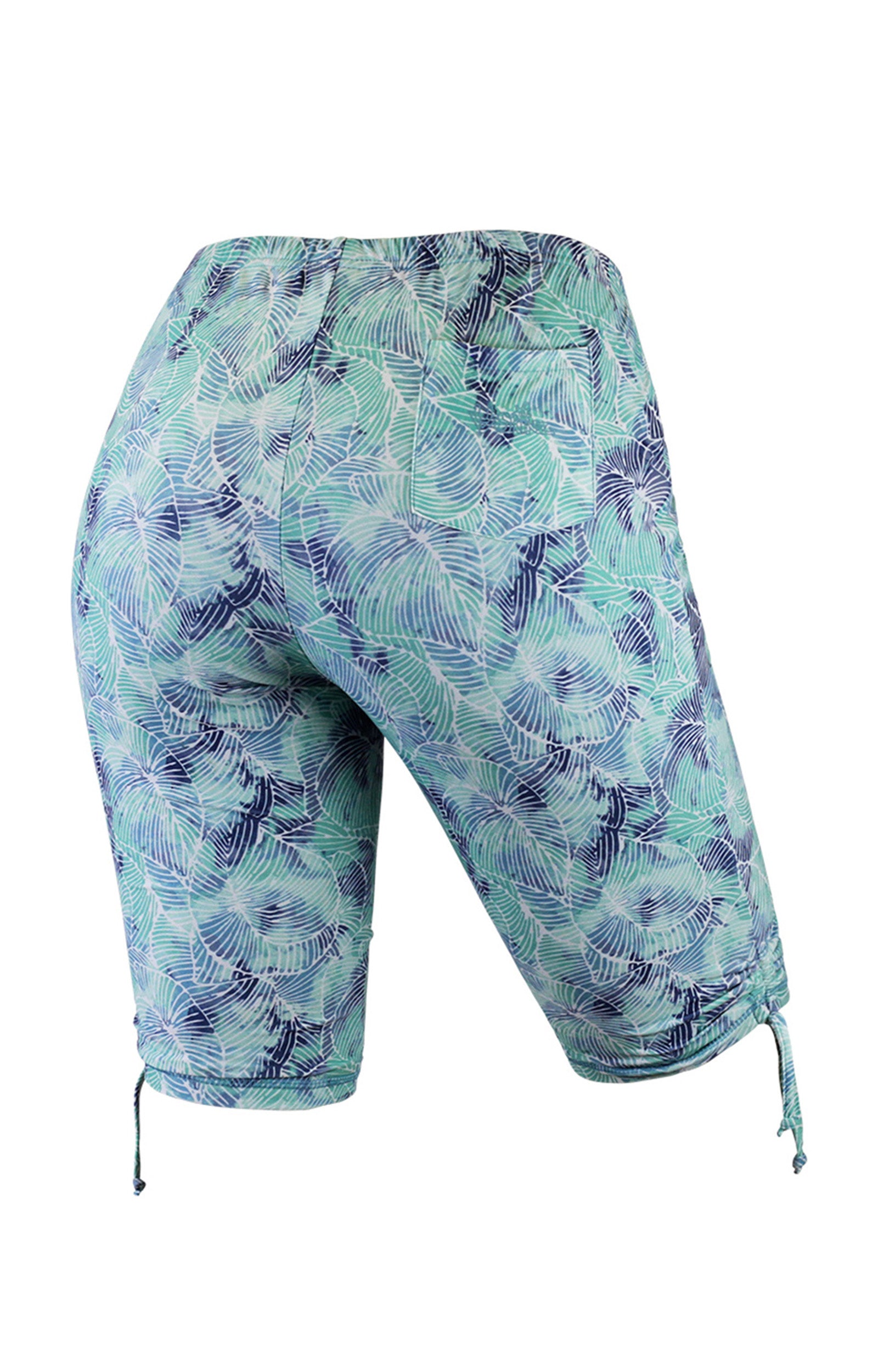 back view of the women's long swim shorts in watercolor tie dye|watercolor-tie-dye