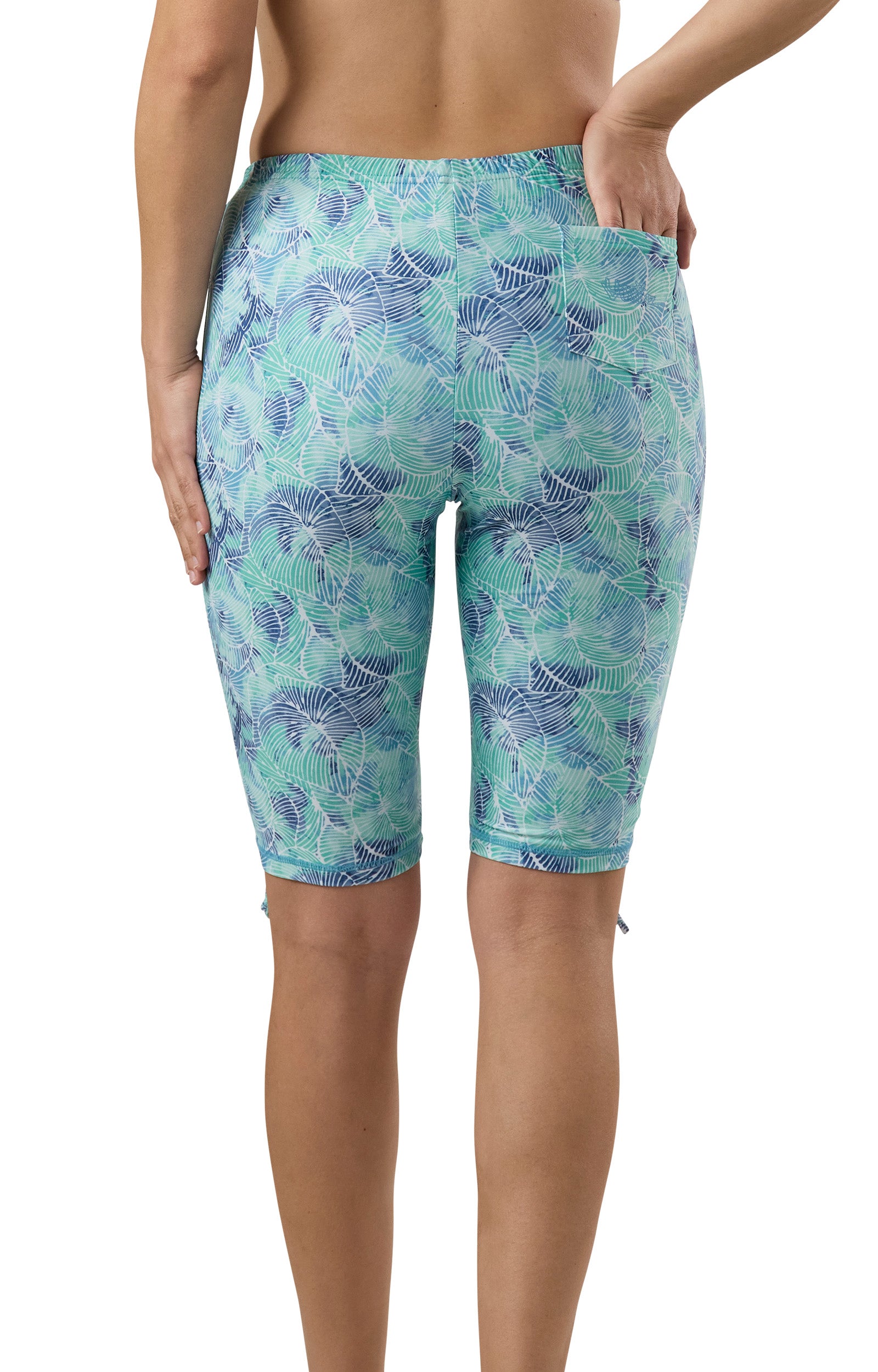 back view of the women's long swim shorts in watercolor tie dye|watercolor-tie-dye