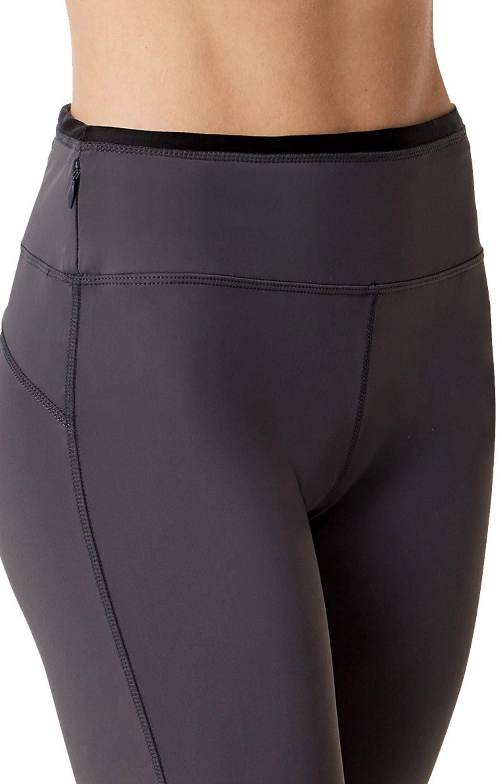 Close Up View of the Women's Active Sport Swim Tights in Charcoal|charcoal